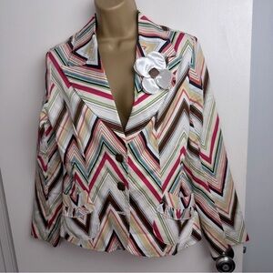 Lapis Multiple-Colored Striped 3-D Floral Design Y2K Button Down Blazer *Flaw* M